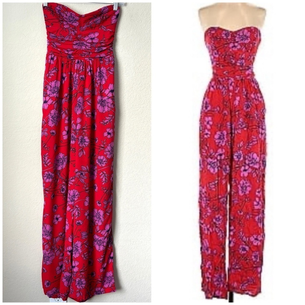 Boho Floral Print Strapless High Rise Wide Leg Full Length Jumpsuit